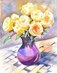 Yellow Roses in a Purple Vase by Victoria Wills